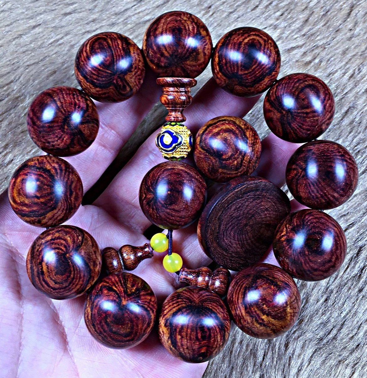 海南黄花梨蜘蛛纹手串黄紫油20mm对眼紫油梨老料男佛珠