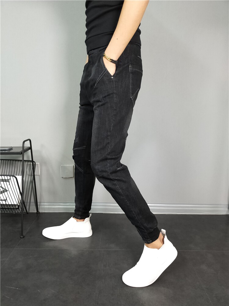 牛仔裤夏季新款男士黑色小脚修身束脚九分弹力牛仔裤