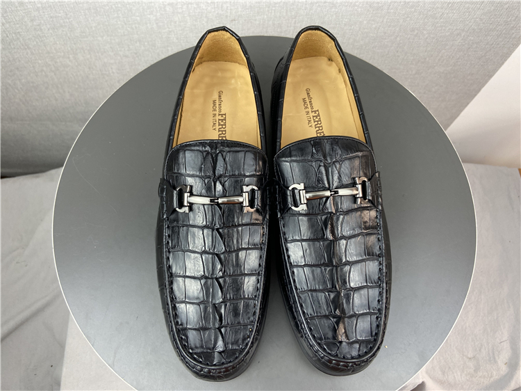 意大利费~雷 正宗鳄鱼尾脊配牛皮商务休闲轻便一脚蹬舒适男皮鞋