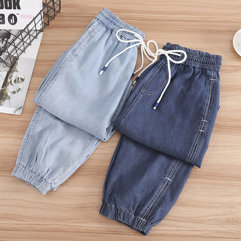 天丝牛仔裤子女春夏束脚长裤子韩范宽松显瘦松紧腰系带百搭哈伦裤