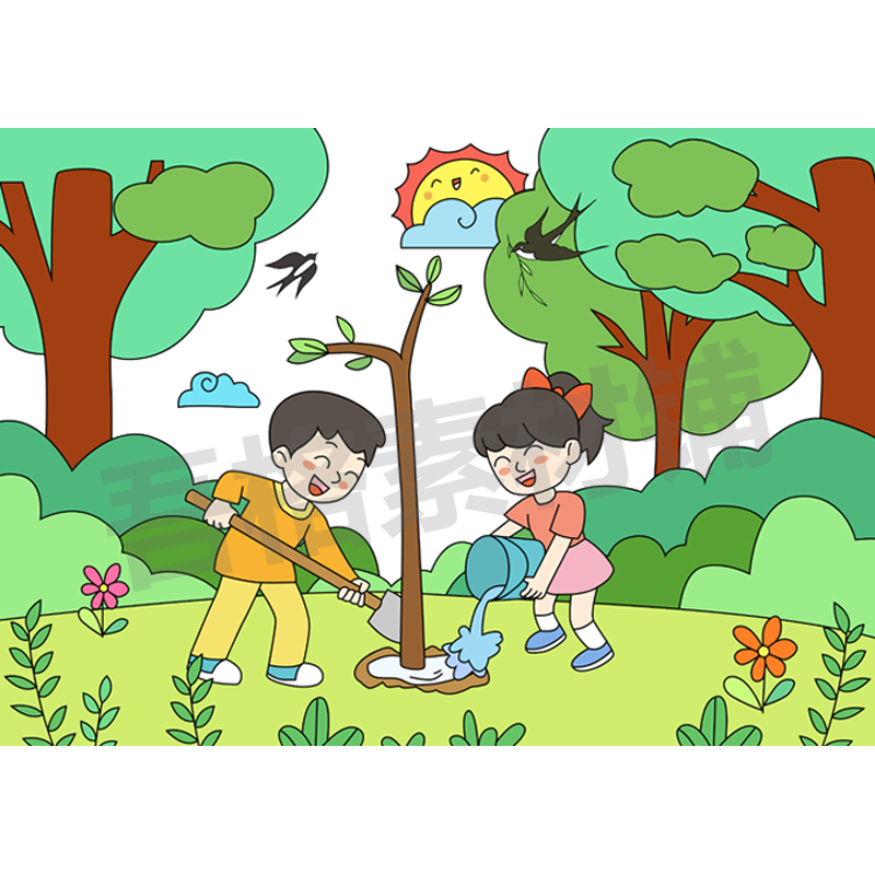 植树节儿童画模板电子版小学生春天爱绿保护保护环环境设计素材