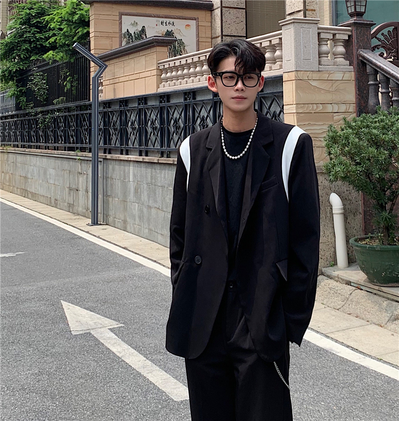 AT高级感炸街休闲西服男韩版时髦撞色设计感上衣拼接痞帅西装外套