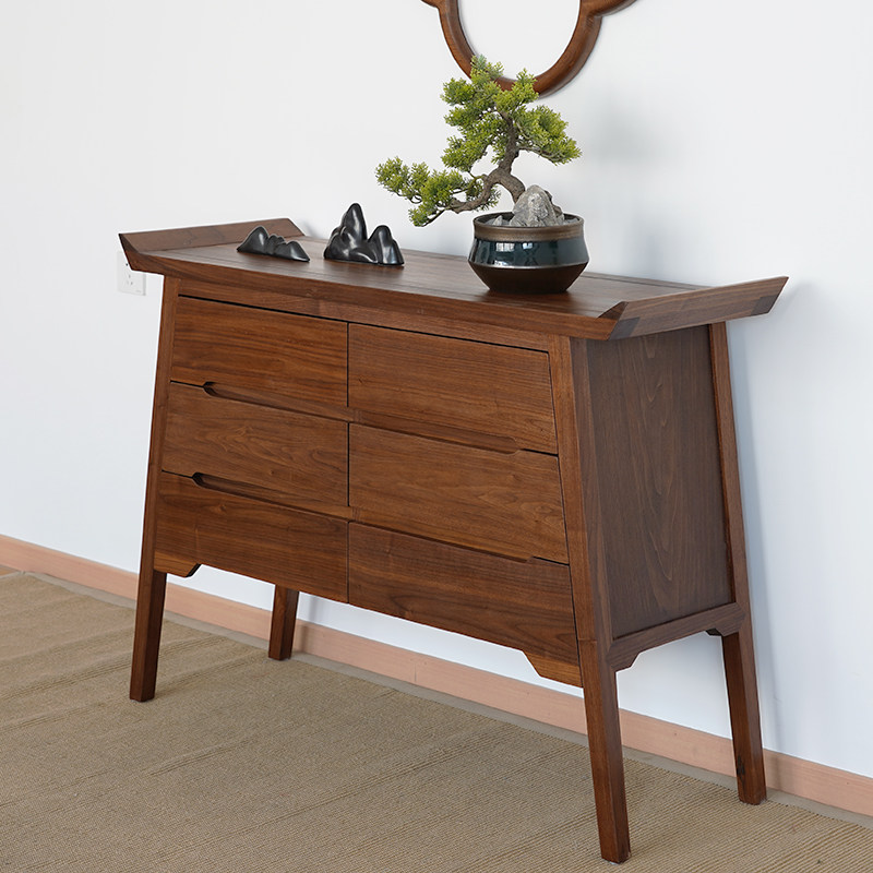 新中式黑胡桃木玄关台实木边柜子卧室装饰餐边柜储物6斗柜现代简