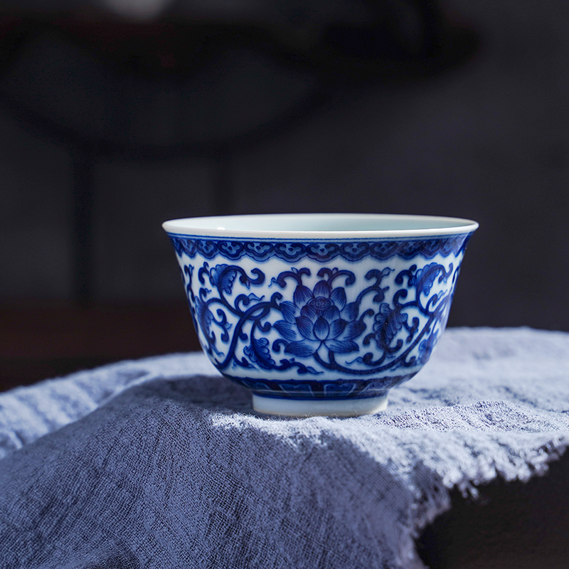 景德镇太朴柴窑青花手工手绘主人杯缠枝敞口品茗茶杯