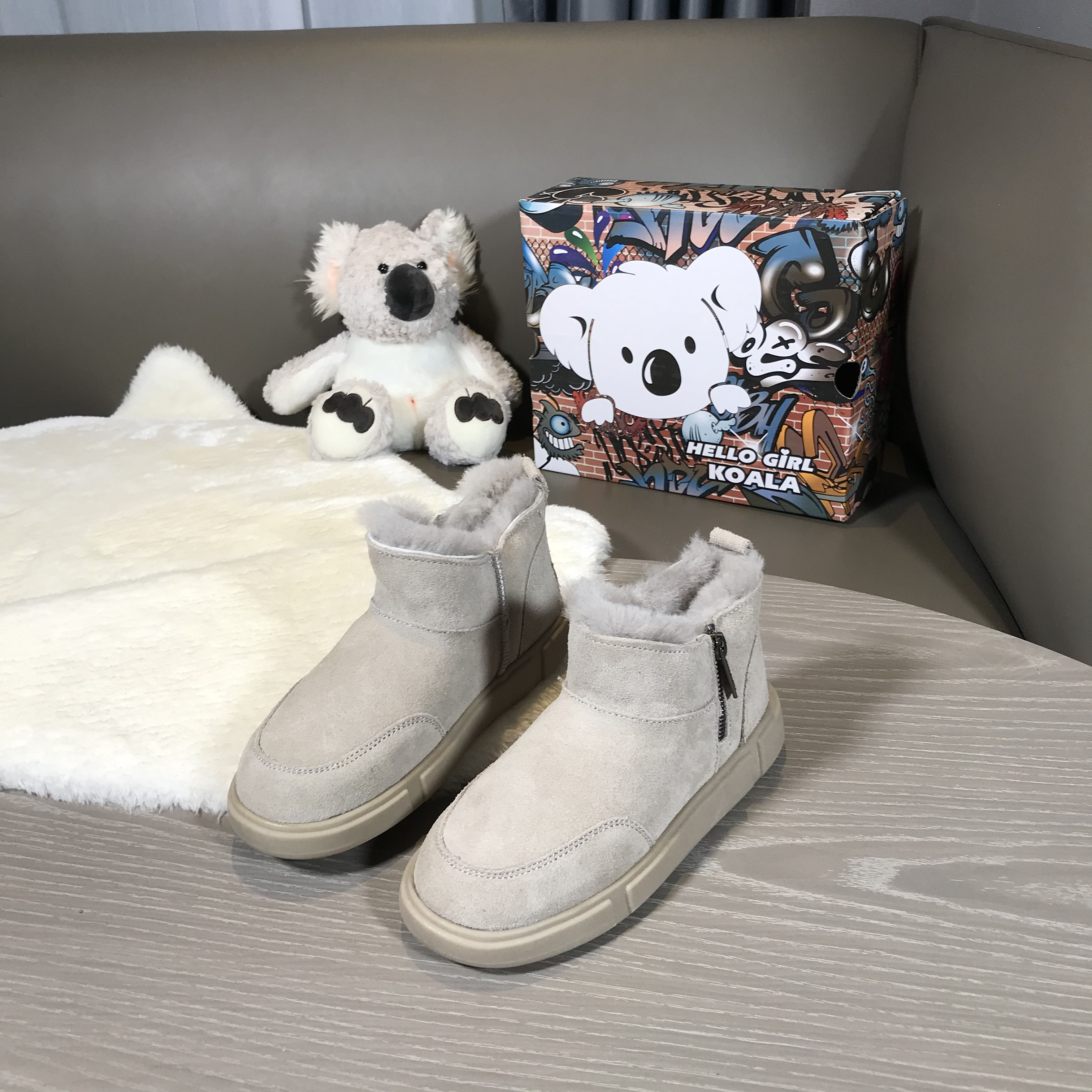 hello girl koala正品考拉小熊雪地棉鞋女冬季高帮短筒拉链雪地靴
