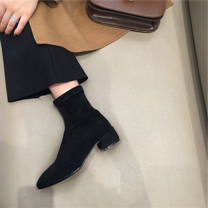 sw显脚靴袜瘦瘦弹力中跟法式加绒真皮新款时装靴