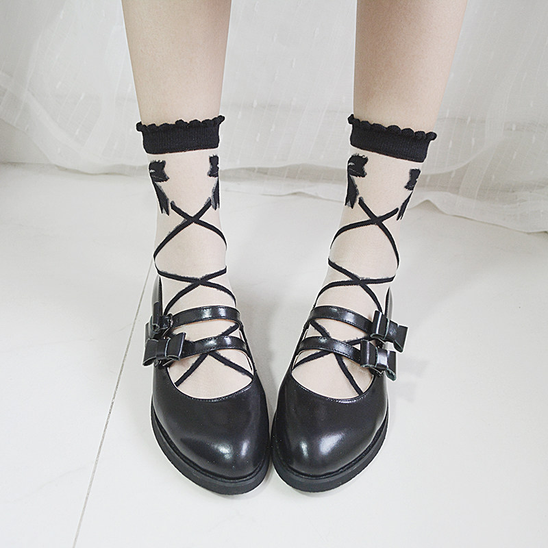 夏季日系薄款玻璃玻璃丝丝袜lolita水晶绑带蝴蝶结短袜