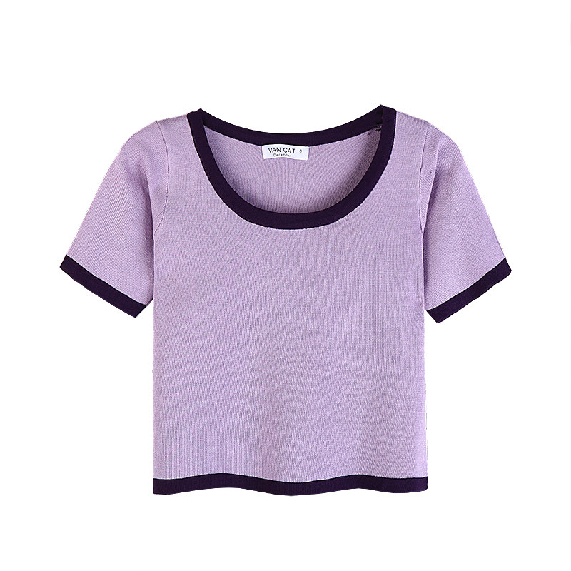 夏季2020年新款撞色修身短袖针织衫女薄款百搭bm紧身短款紫色上衣
