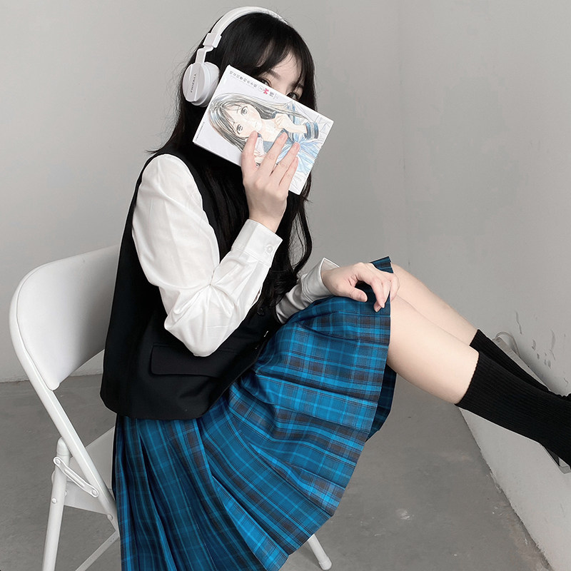 jk现货桴生原创深蓝深蓝色色格朋克风校供感半身裙