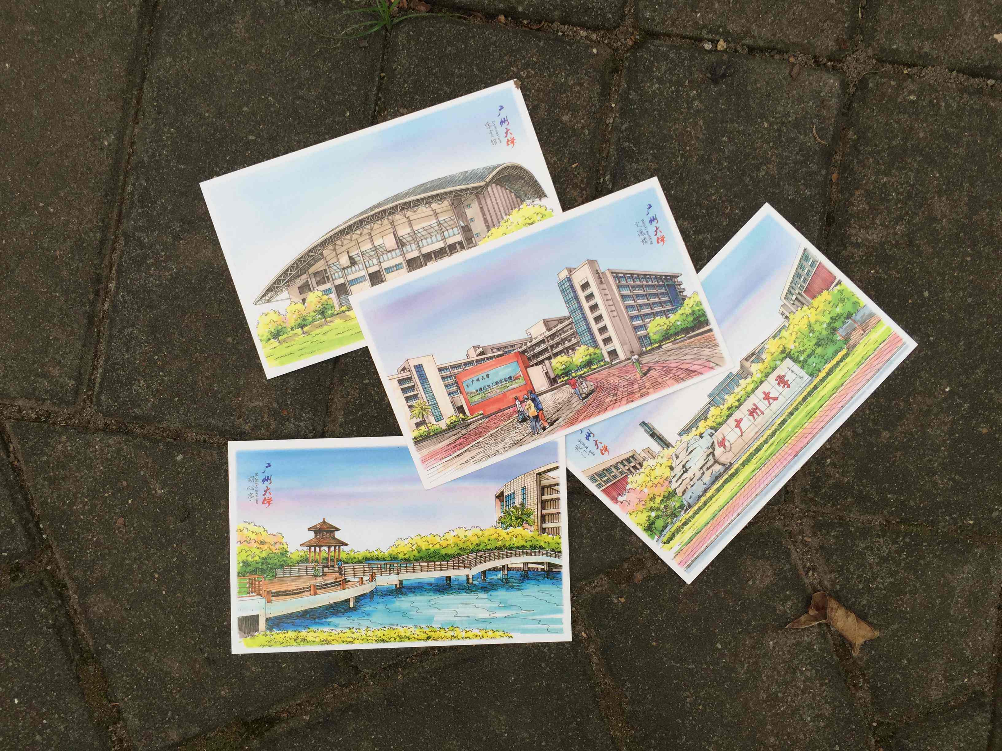 广州大学手绘明信片校园风景特色贺卡同学老师新年礼物贺卡