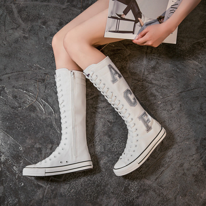 2020春夏热销长筒字母亮片平底增高舞蹈鞋系带帆布鞋