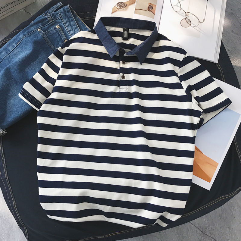 夏季纯棉林弯弯中性帅T半袖上衣男韩版条纹翻领短袖t恤文艺POLO衫