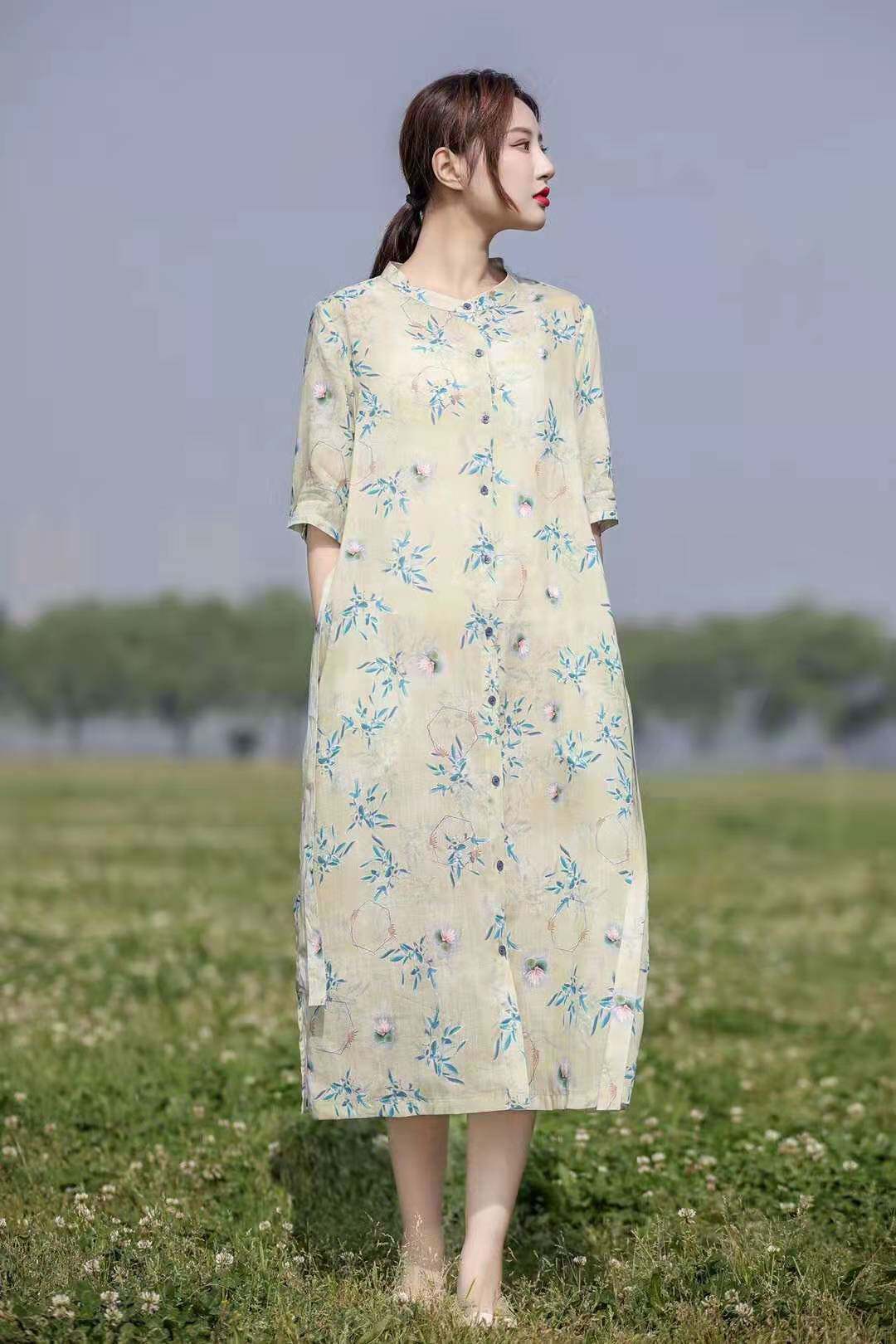 苎麻连衣裙夏天薄款森女复古印花收腰系带高端连衣裙