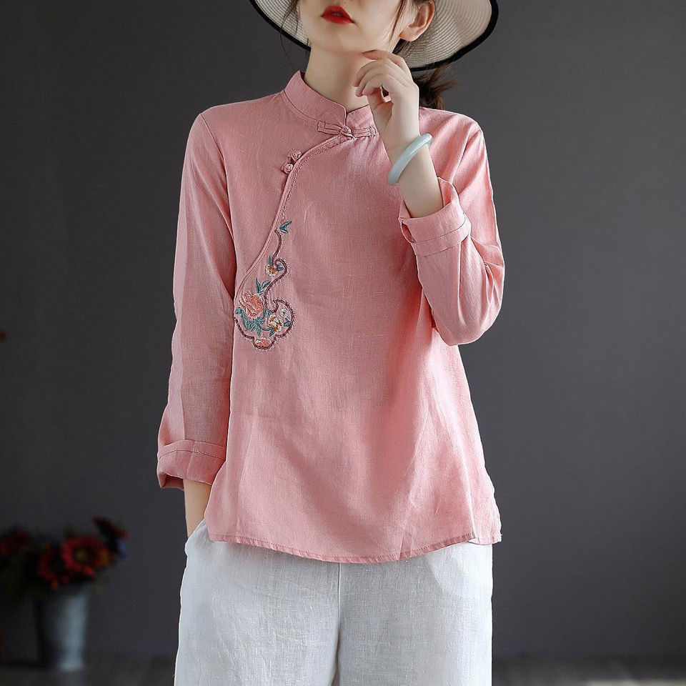 国风盘扣小衫秋装新款2022棉麻上衣复古旗袍衬衫