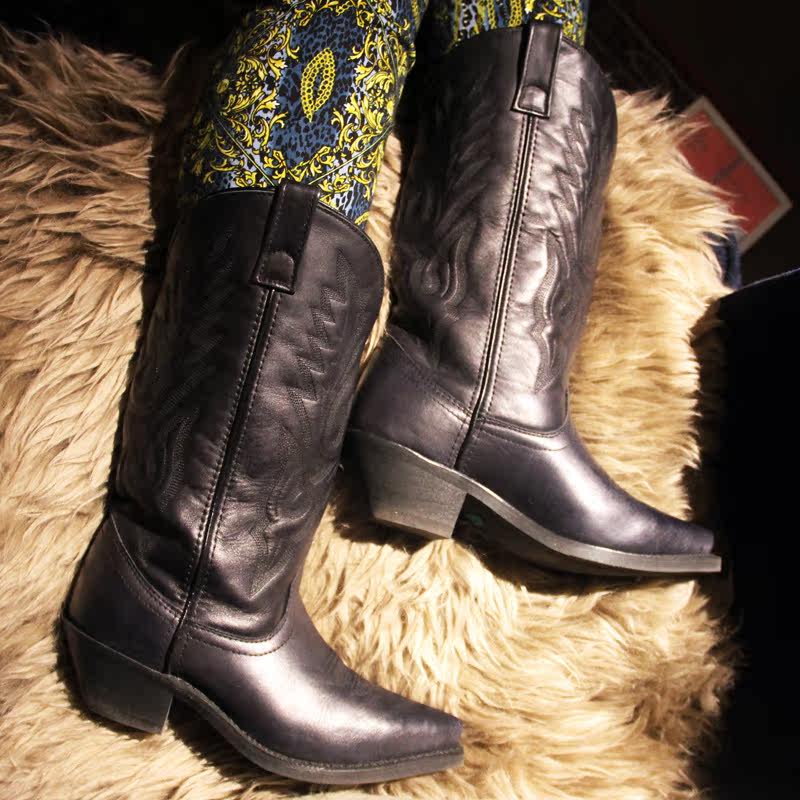 美国西部马靴 长靴牛仔靴骑士靴女靴 真皮骑马中高筒靴 35-41