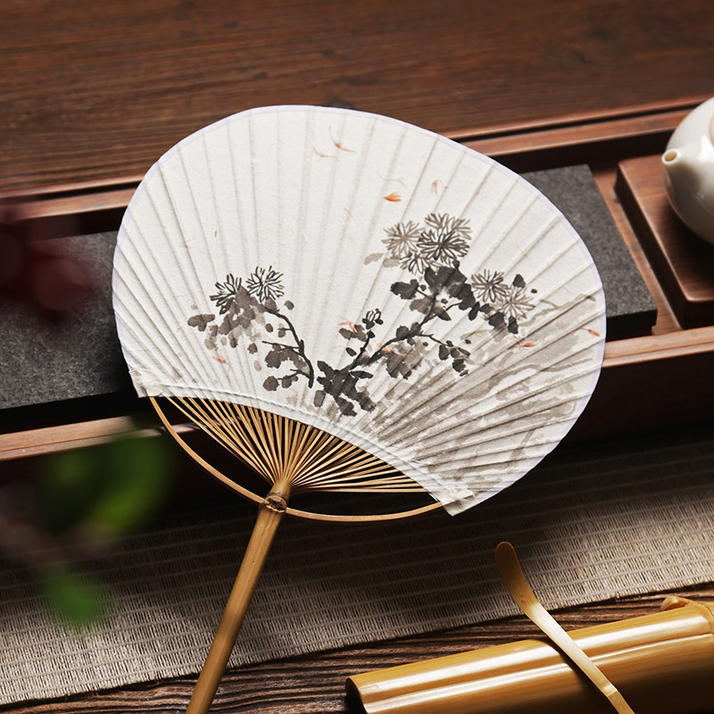 手工手绘水墨国画团扇老竹扇宣纸扇子扇子