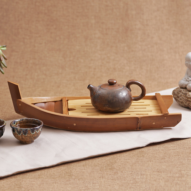 一叶扁舟储水式竹茶盘排水茶海竹筏箱式茶台茶盘