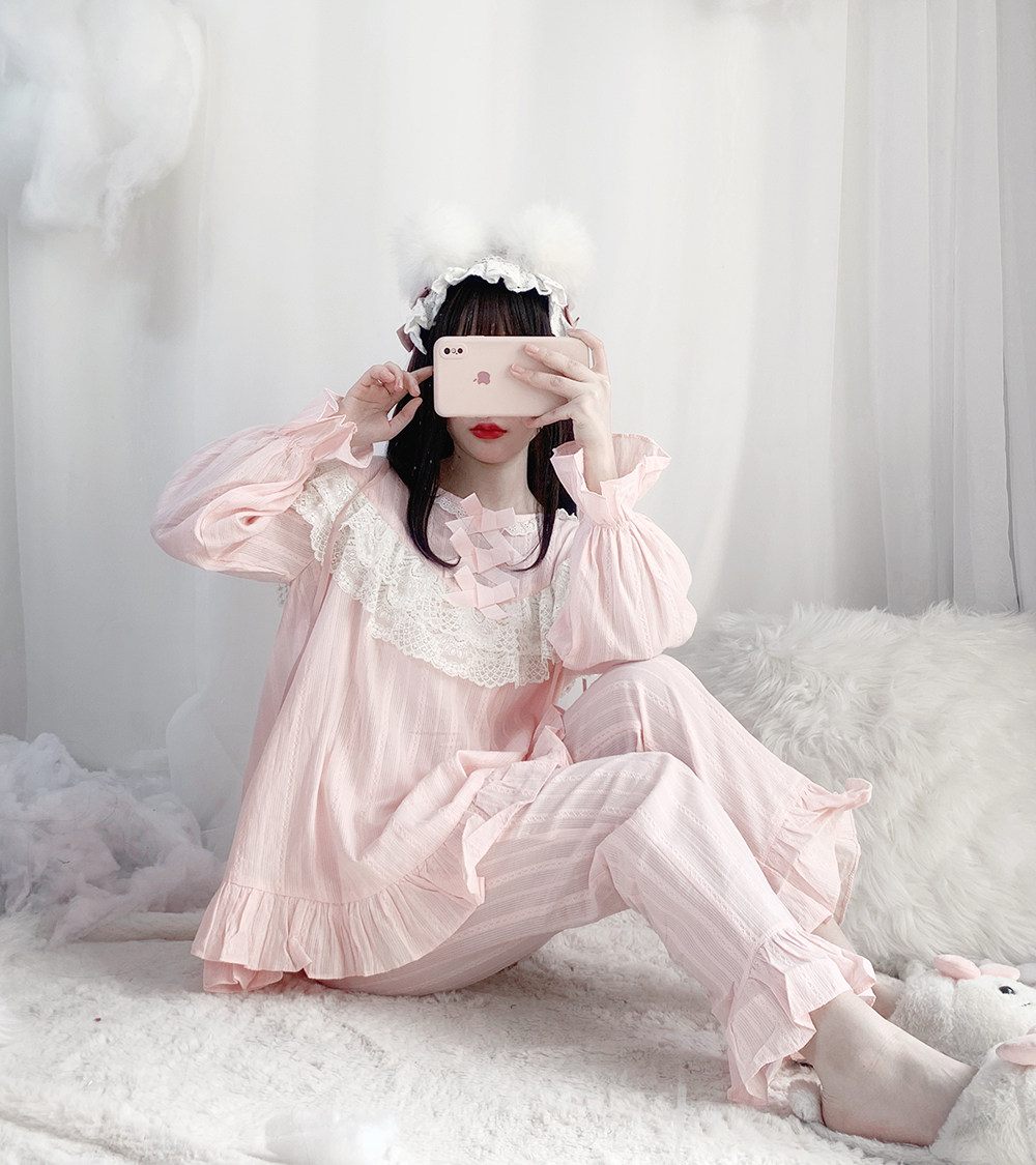 原创纯棉lolita少女家居装棉蕾丝新款粉色可爱睡衣