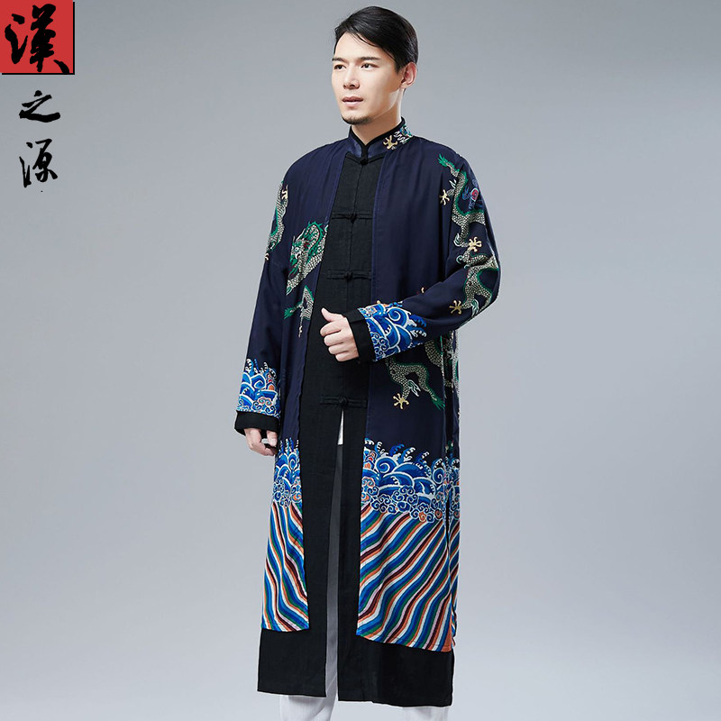 中国国风两件复古雪纺印花棉麻长衫古风青年民族服装