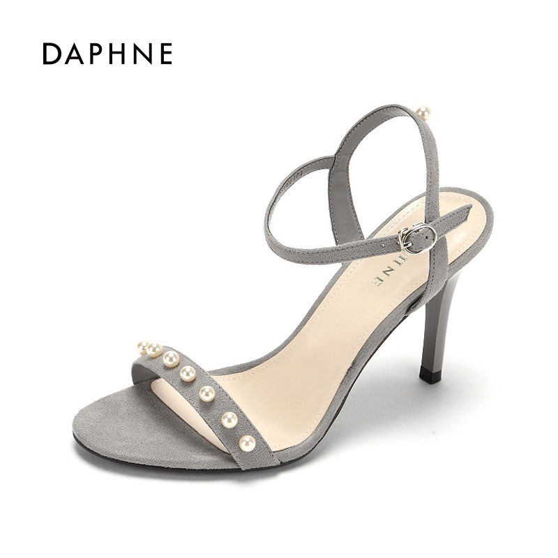 daphne/达芙妮夏休闲百搭粗跟女鞋简约一字带高跟凉鞋女特价清仓