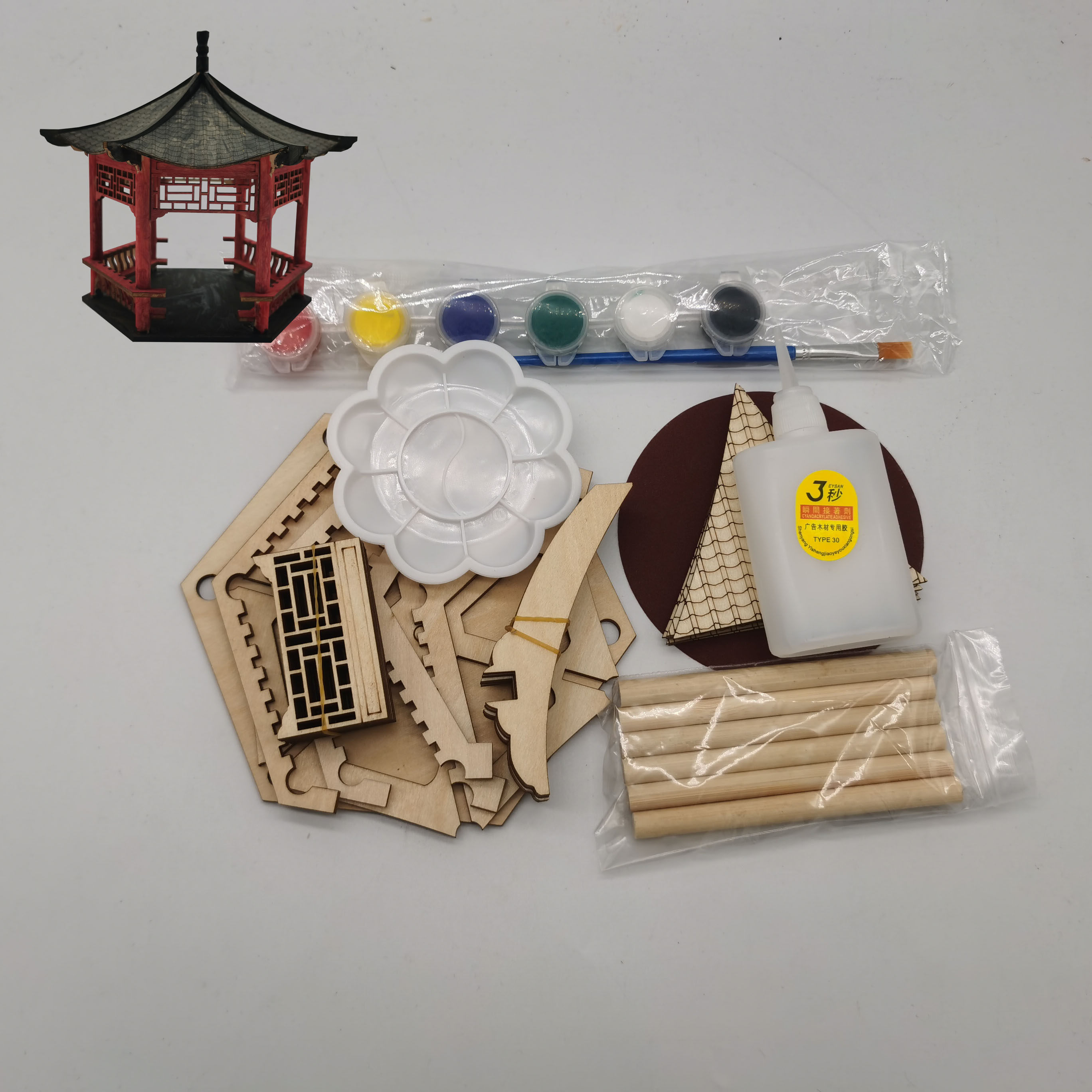 diy景观沙盘古建筑竹木木质六角凉亭手工拼装模型制作工具