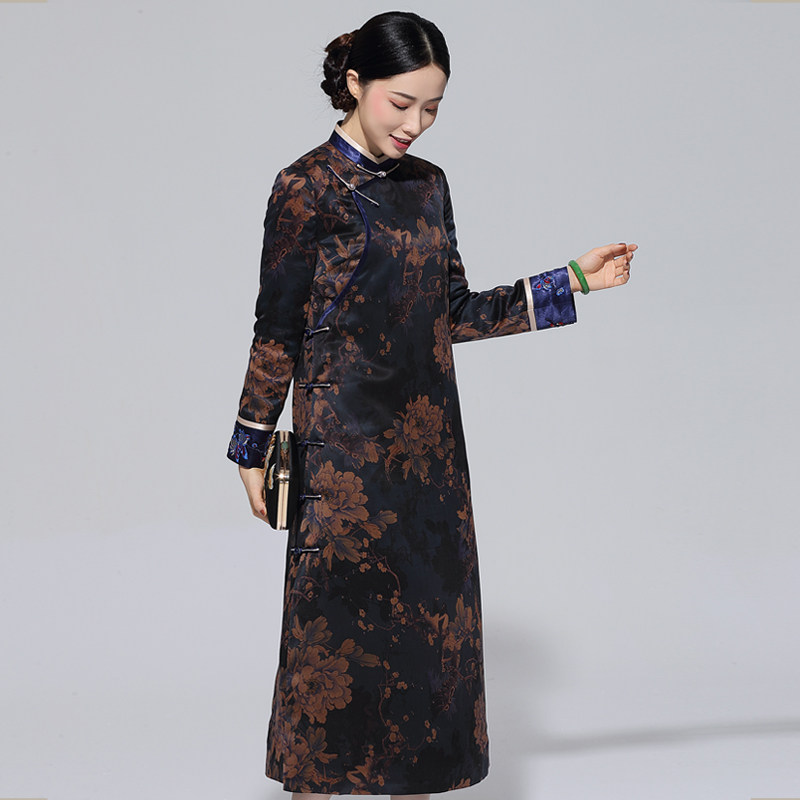 2021冬季新款中国风连衣裙复古香云纱真丝改良夹棉真丝旗袍小棉袄