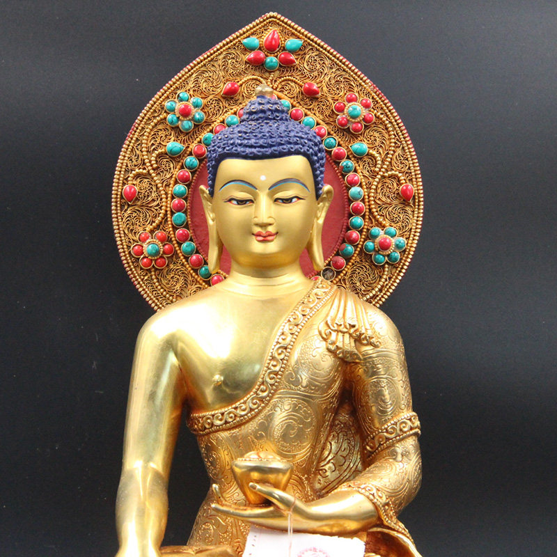 佛像尼泊尔释迦牟尼纯铜全鎏金背光背光密宗供奉释迦摆件