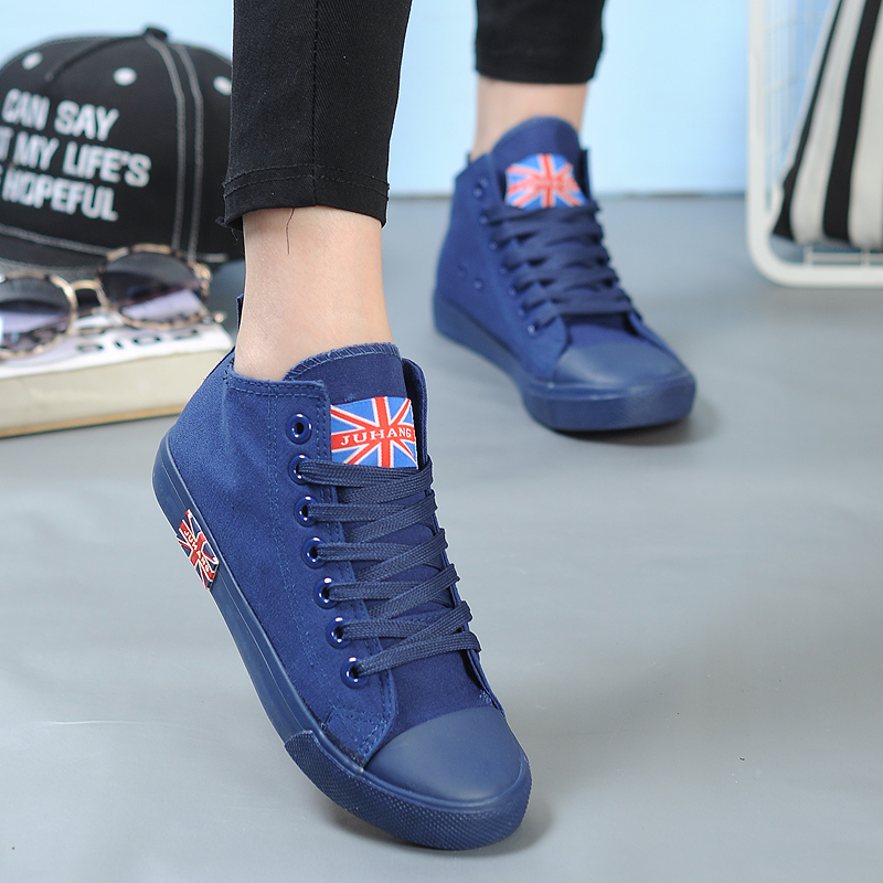 青少年全黑白红色男女鞋高帮平底情侣帆布鞋韩版高中学生高邦球鞋