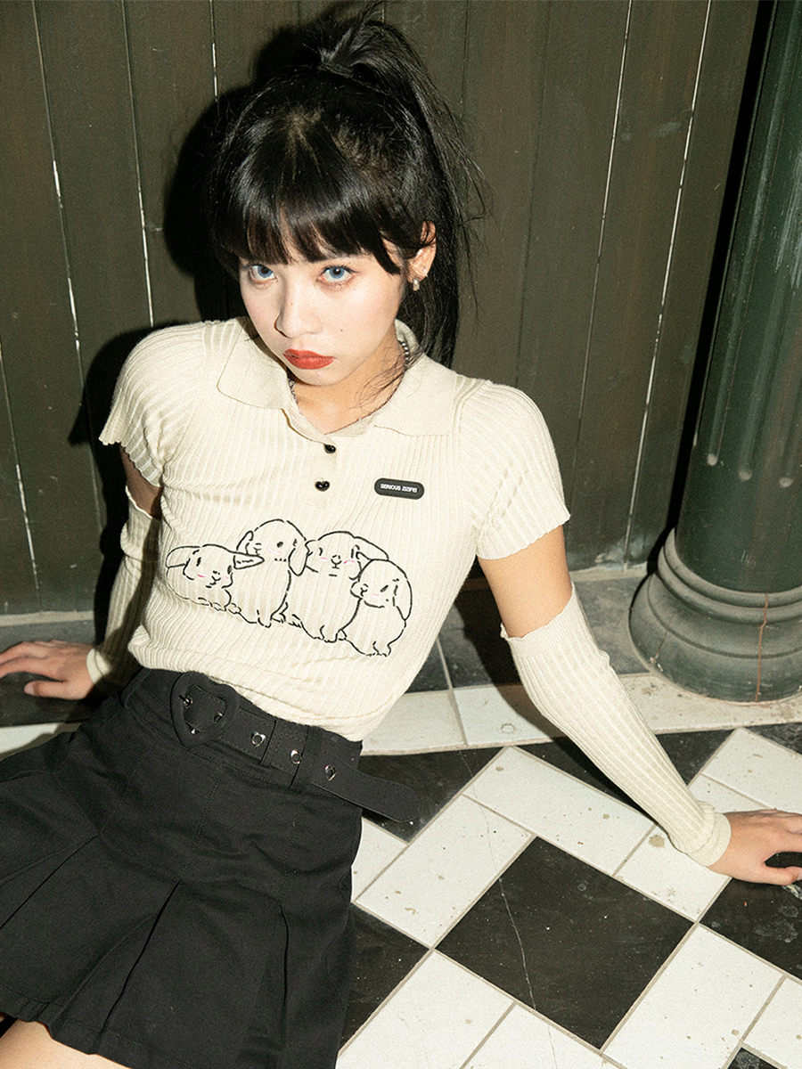 ziziFei兔子刺绣袖套针织POLO衫复古少女感短款长袖早春紧身上衣