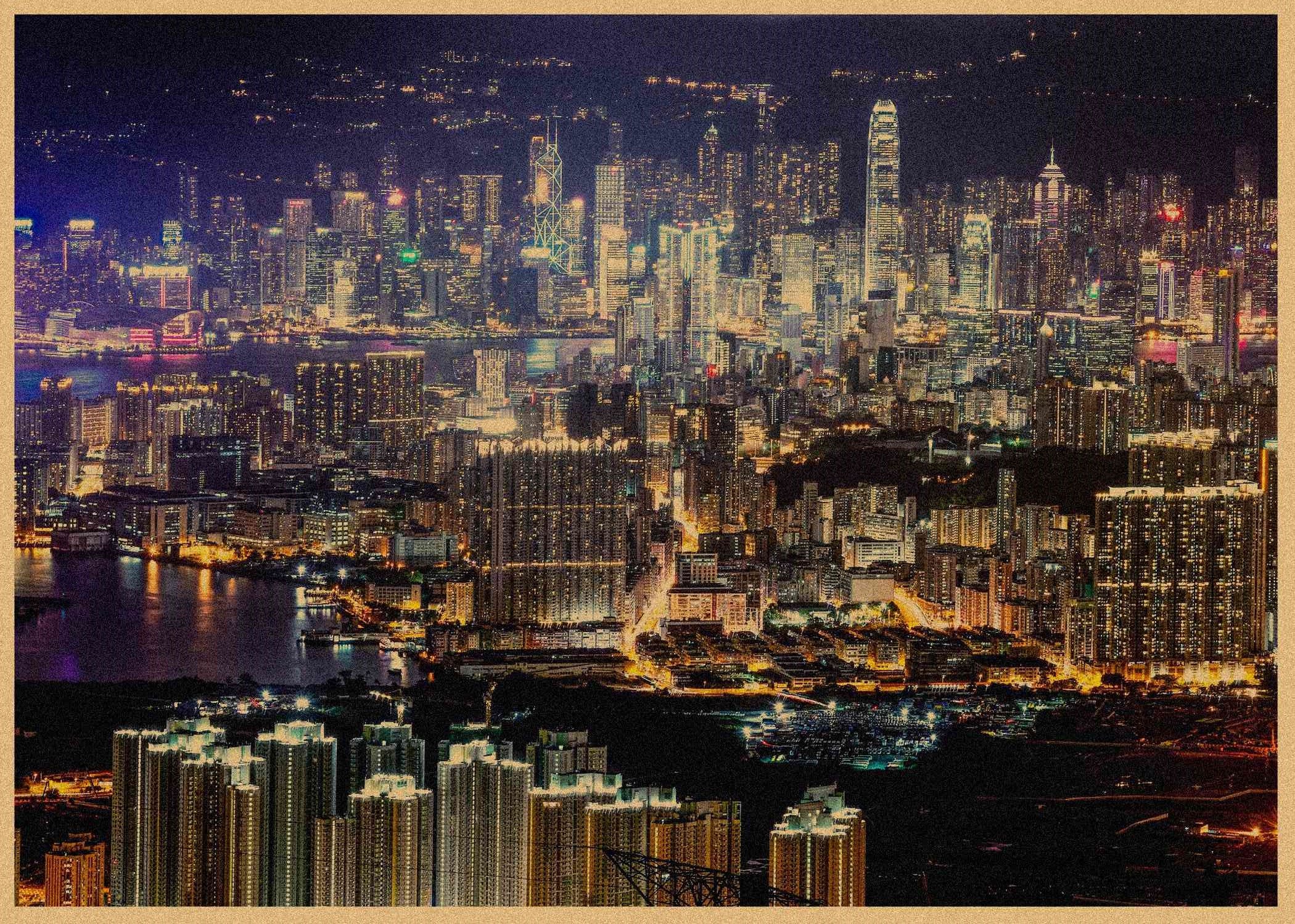 香港老街街景夜景海报港式餐厅饭店咖啡厅复古现代装饰画