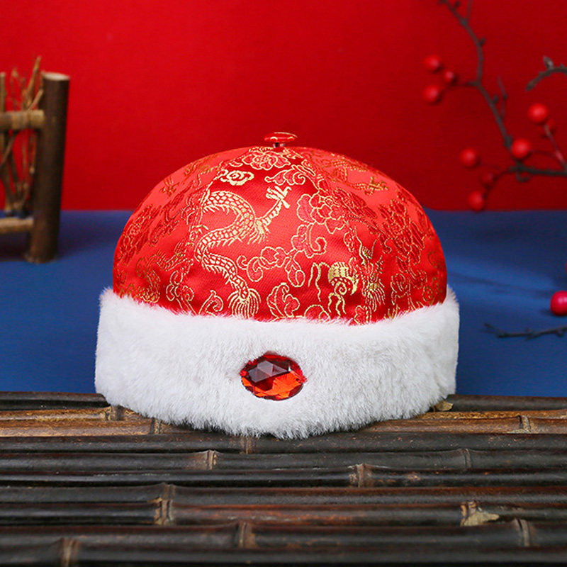 中国国风婴儿新年帽子宝宝红色过年拜年喜庆帽子