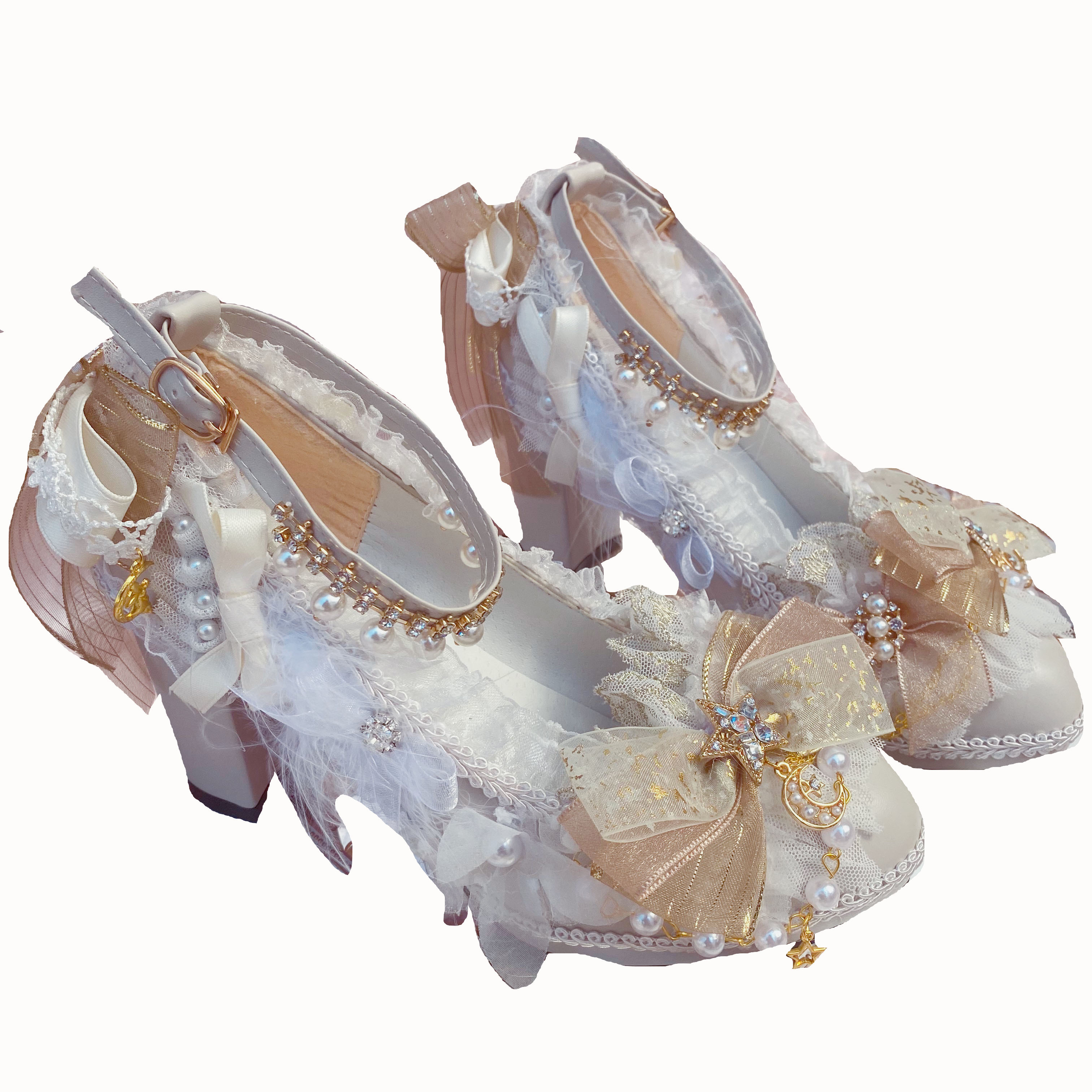 少女金色lo粗跟高跟鞋lolita九歌心手白金色加冕lolita洛丽塔鞋类