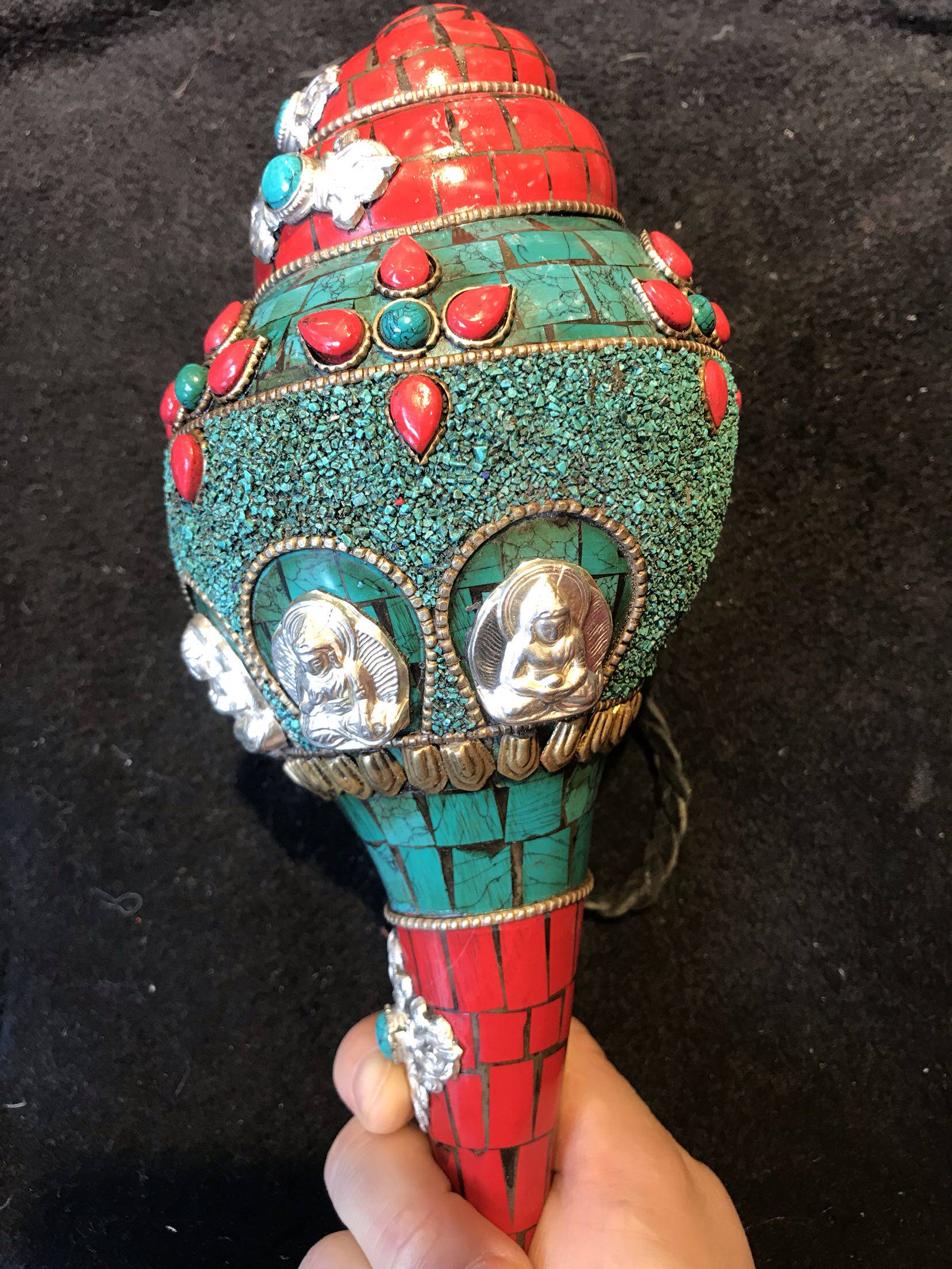 尼泊尔天然手工镶嵌右旋海螺法螺佛堂供品摆件摆件