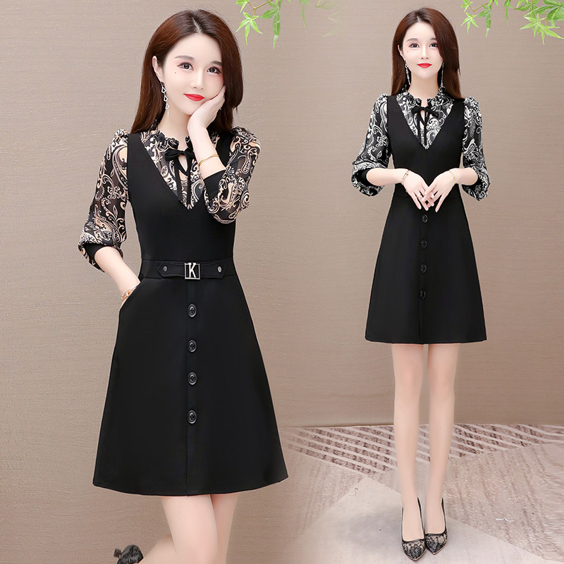 春装中年妈妈显瘦气质连衣裙长袖中长大码肚子大码女装