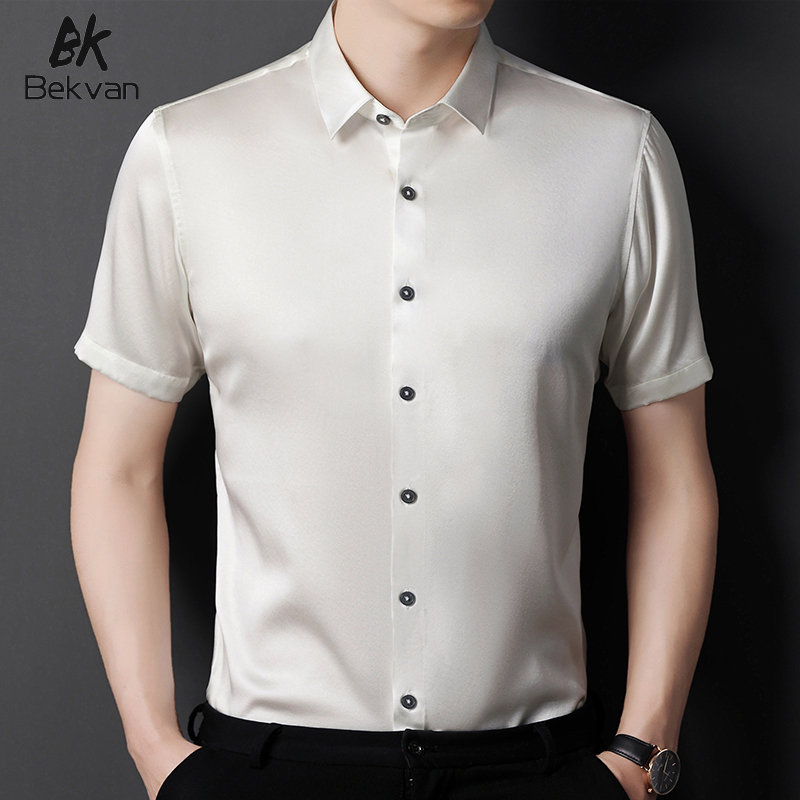 真丝衬衫男短袖夏季薄款商务休闲纯色桑蚕丝半袖高级绸缎冰丝衬衣