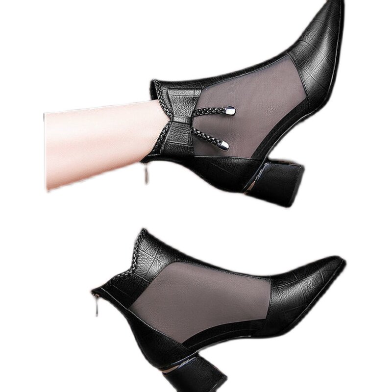 真皮意尔康百搭网纱凉靴女2022春夏新款高跟网靴粗跟包头凉鞋单鞋