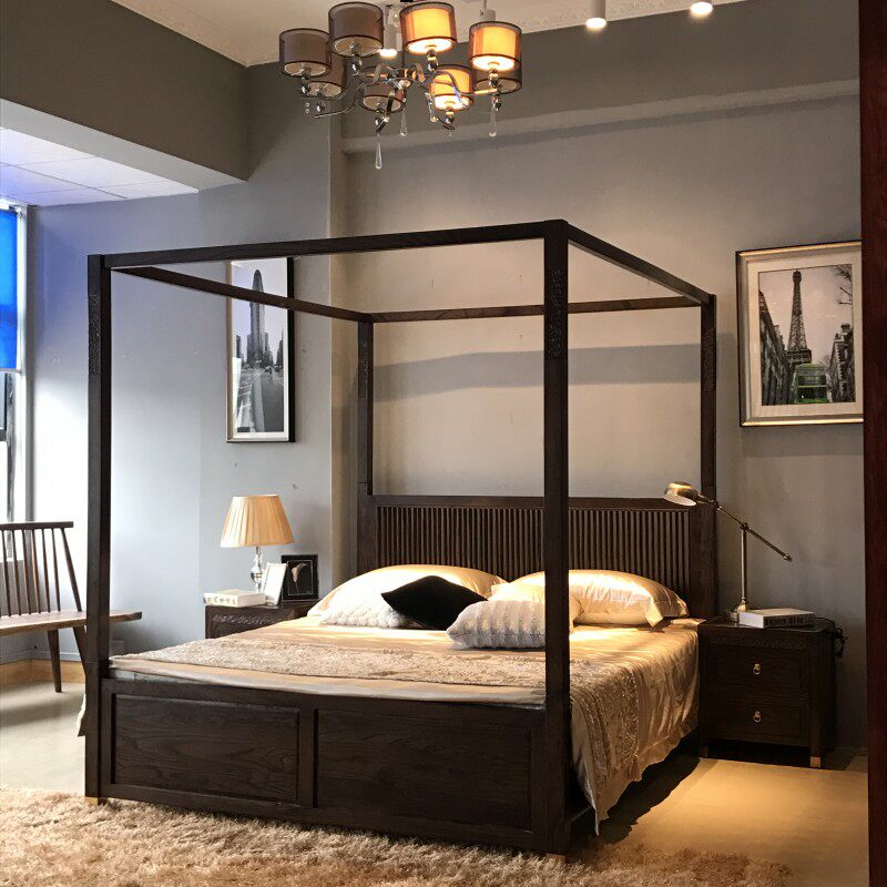 qay家居新中式架子床全实木床1.8米柱子榫卯结构四柱床仿古拔步床