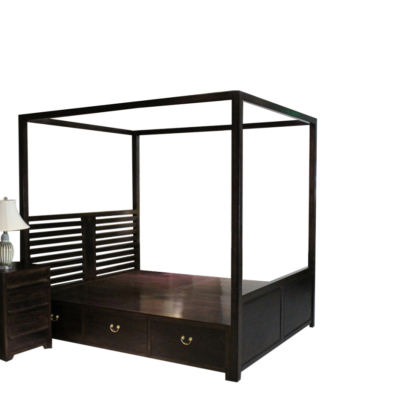 新中式仿古四柱拔步床现代北欧黑胡桃色四柱实木老榆木架子床定制