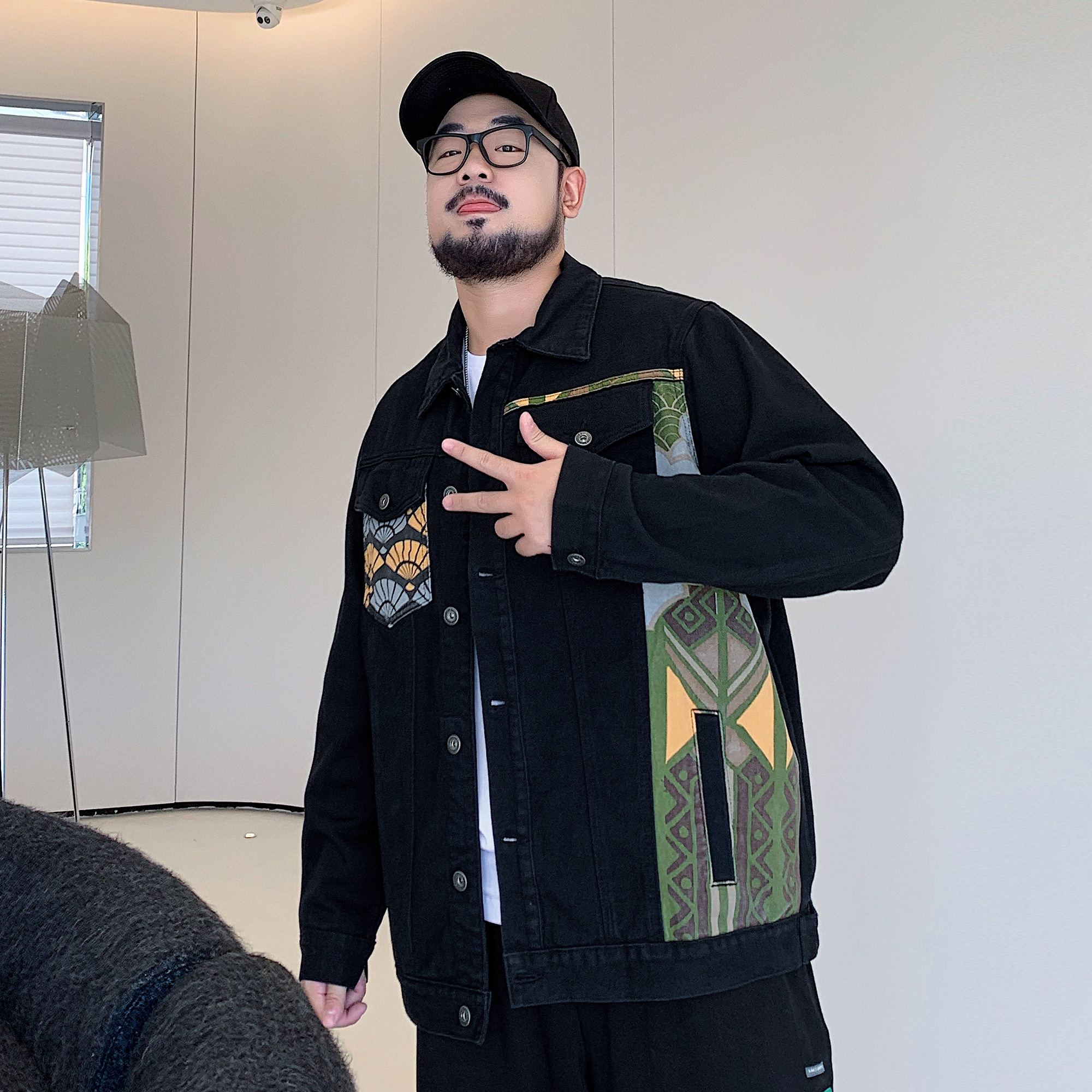 呆呆大码男装工作室民族风拼接胖子加肥加大宽松牛仔外套休闲夹克