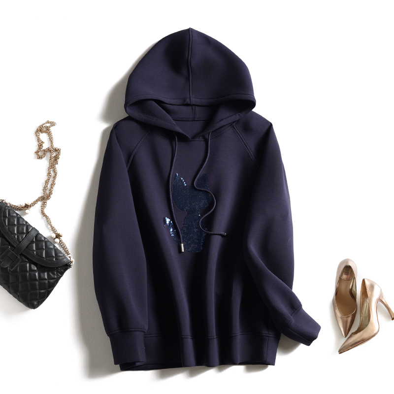 深蓝色卫衣女2021新款早秋韩版宽松洋气亮片喵咪空气棉连帽上衣女