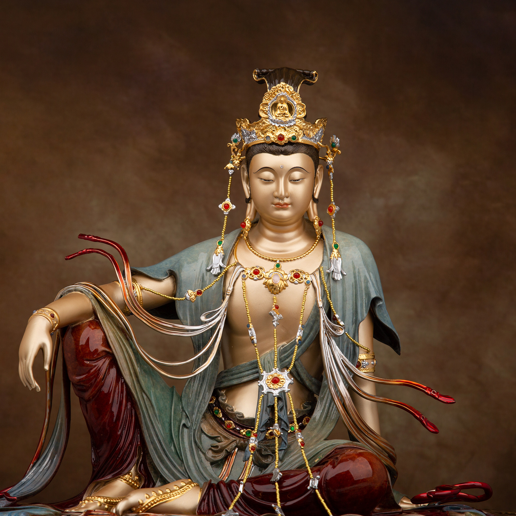 水月观音佛像水月自在观世音菩萨纯铜彩绘贴金童子装饰摆件