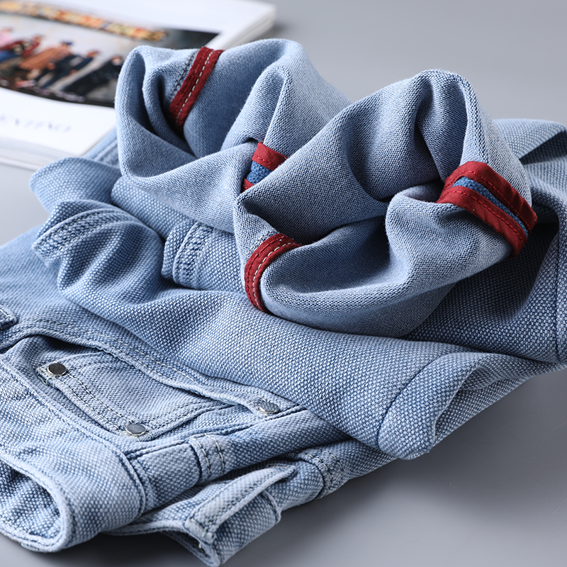 无法言喻的舒适 夏季时尚浅蓝色水洗修身小直筒 休闲微弹牛仔裤男