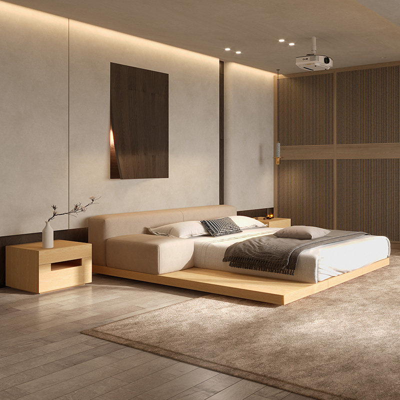 纳威布艺双人床日式侘寂风格简约现代新中式科技布艺床