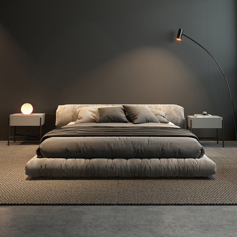 纳威日式侘寂风棉麻布艺床主卧极简地台科技布小户型简约奶油风