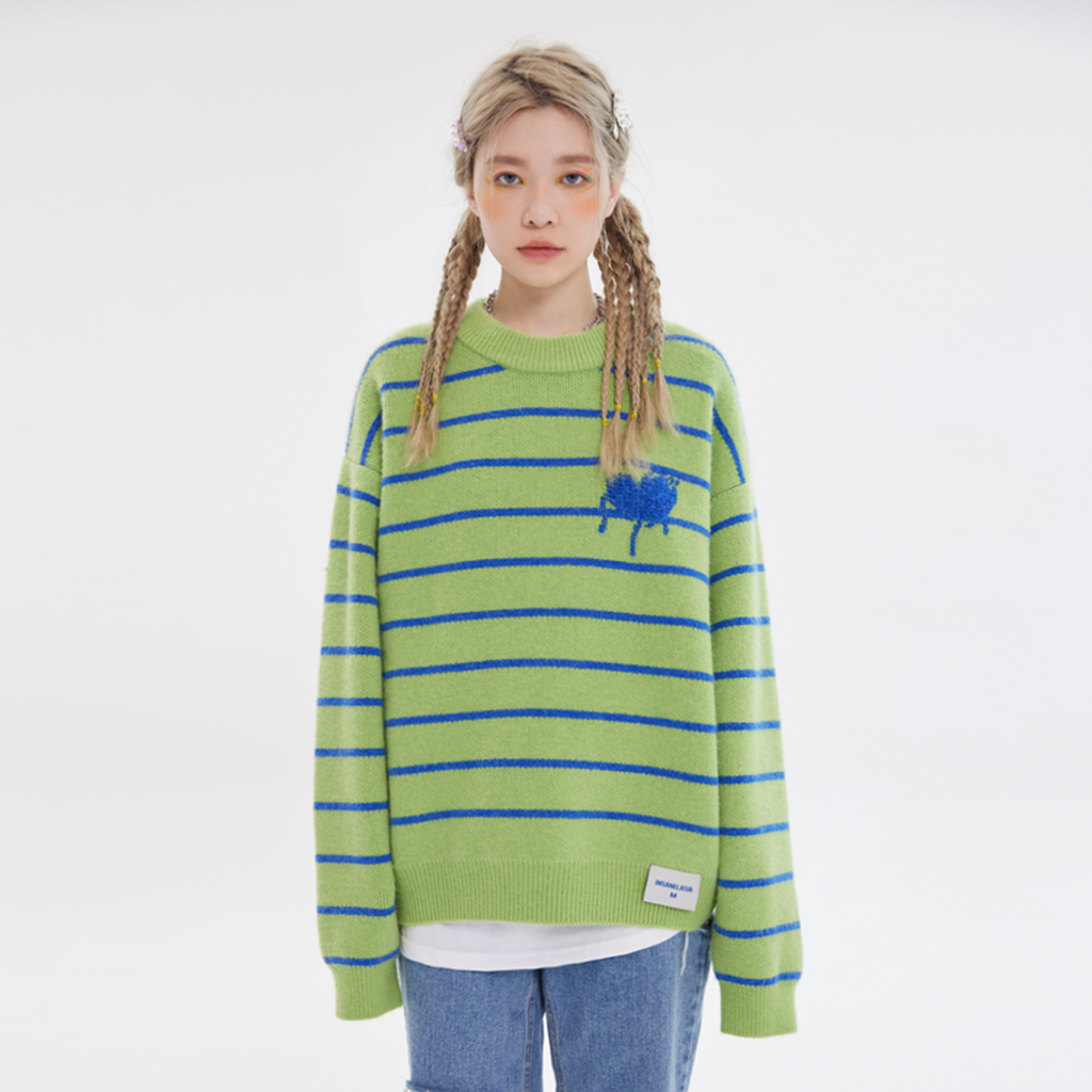 INSNLASIA 21AW原创牛油果爱心条纹毛衣潮牌男女清新情侣针织衫