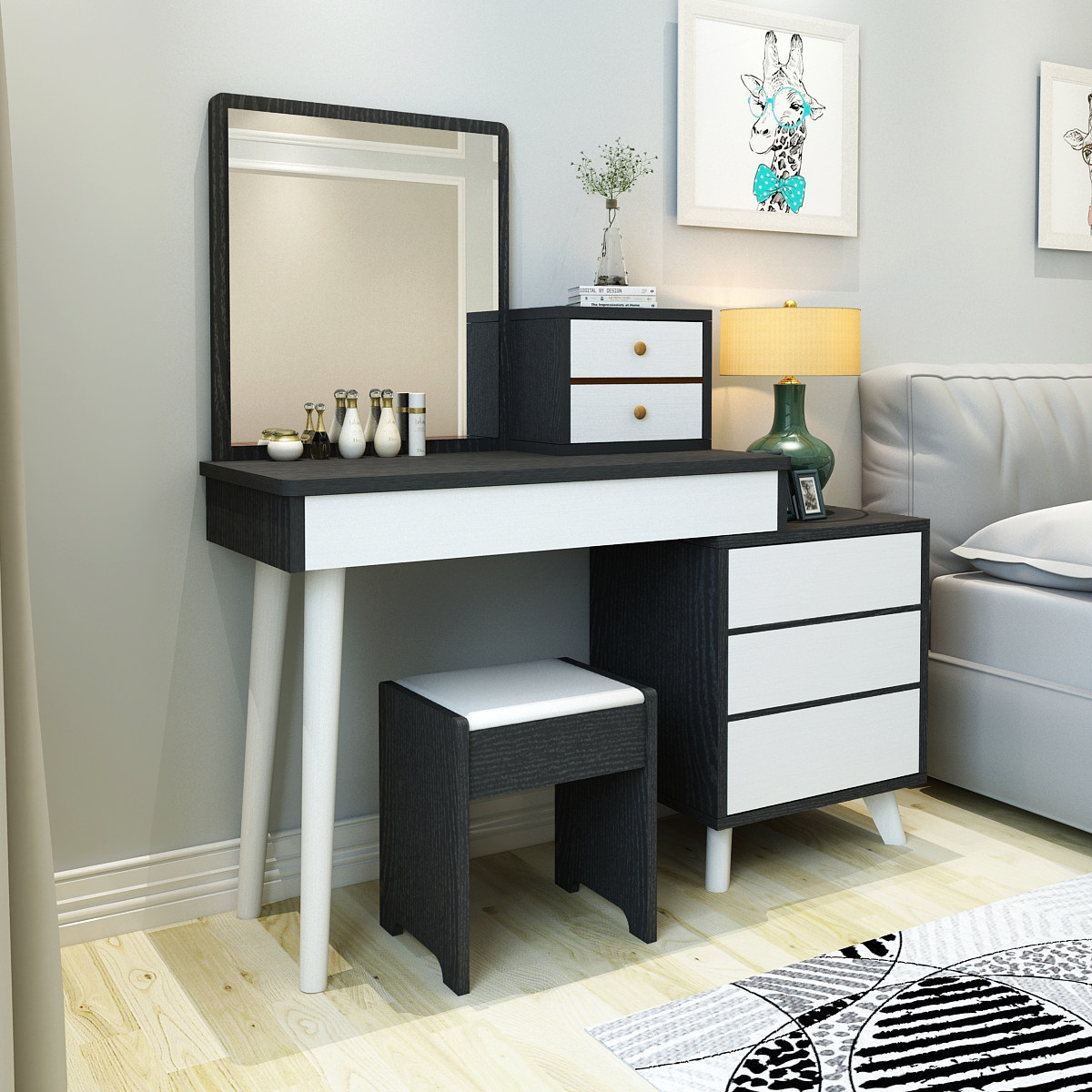 北欧妆台户型简约黑白现代收纳化妆梳妆台