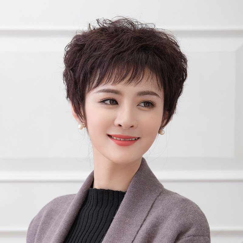 假发女短发中老年纹理烫蓬松短卷发斜刘海气质修脸时尚妈妈真发丝