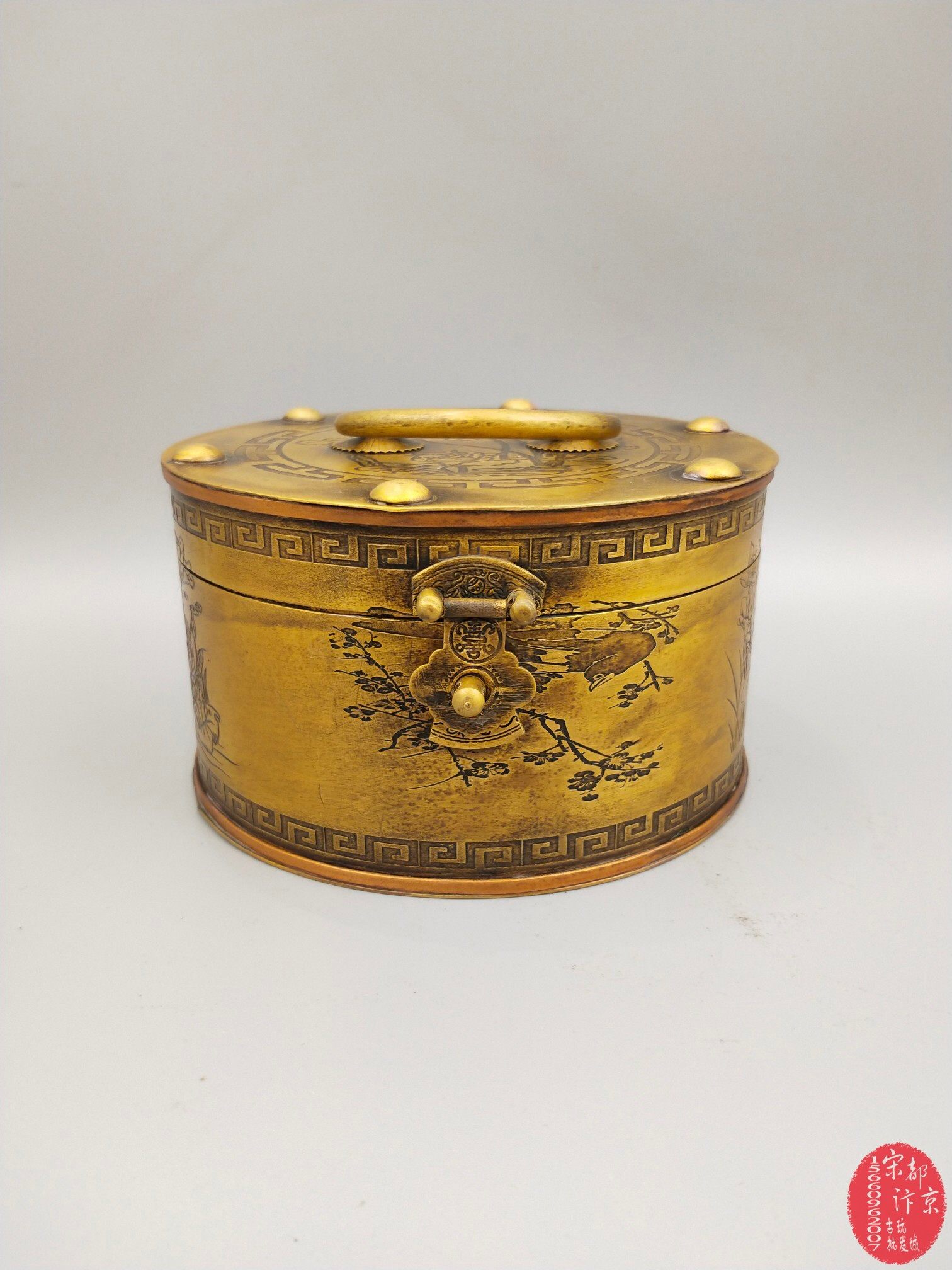 古玩收藏盒老百宝箱荷花民国铜器提梁手饰古铜摆件