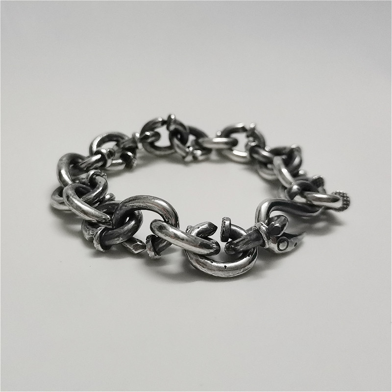 古溪guxi复古霸气纯银钉子手链手工银饰做旧手链