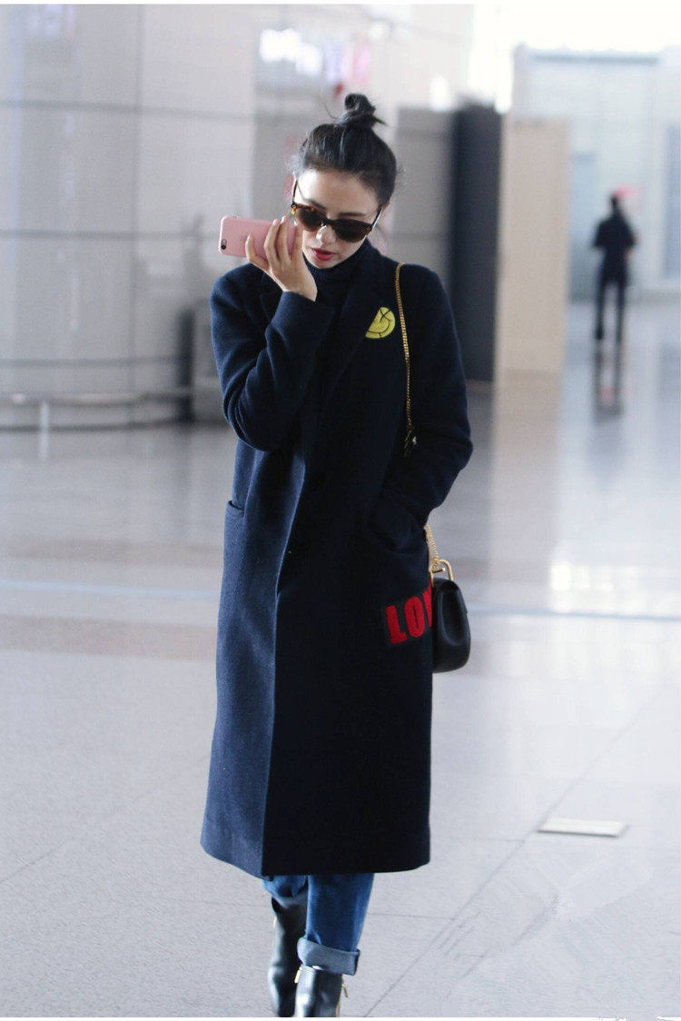 秋冬款高圆圆明星同款藏蓝色夹棉加厚毛呢羊绒大衣女过膝呢子外套